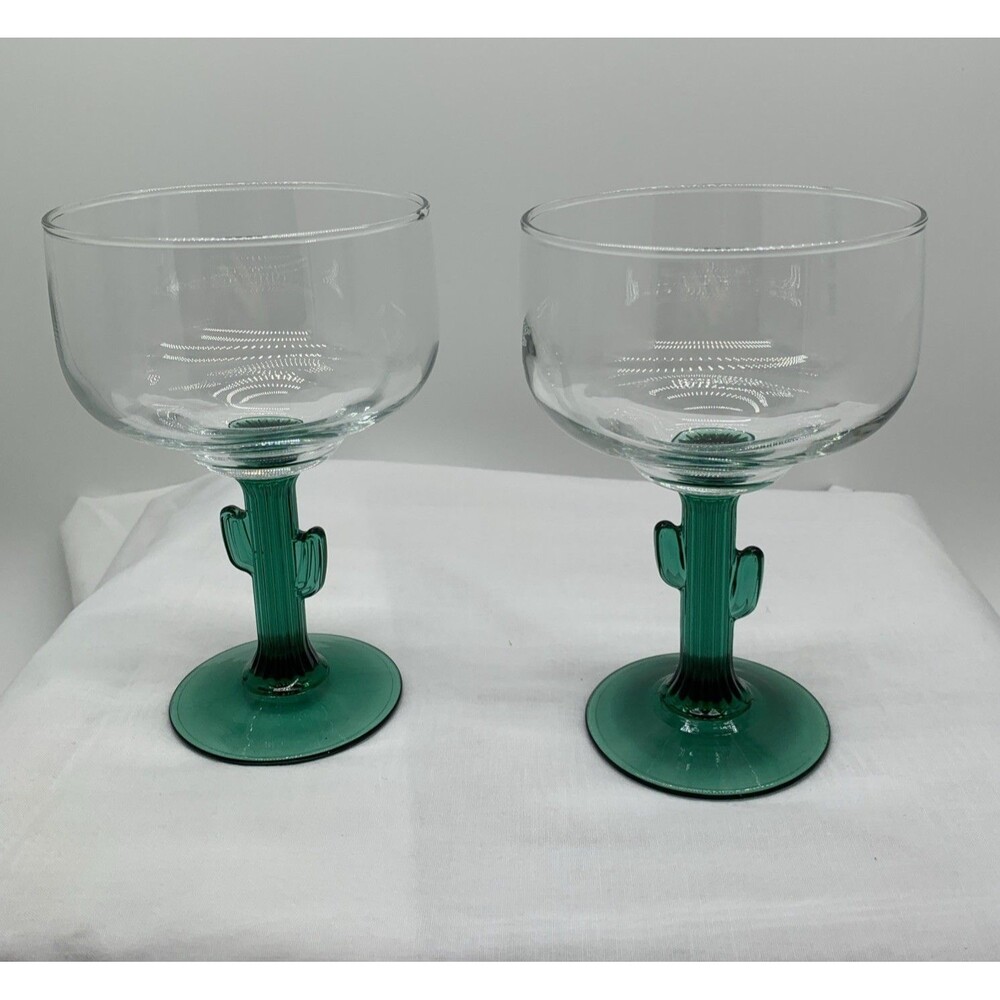 Hand Blown Cactus Margarita Glasses Set of 2 Clear Glass Green Stem